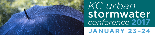 Photo of umbrella in the rain. Text reads: KC Urban Stormwater Conference 2017, January 23-24.